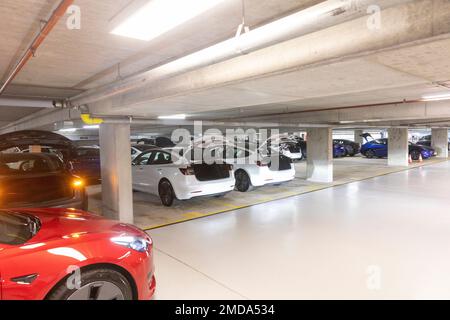 Tesla-Fahrzeuge Modell 3 im Lieferbereich zur Übergabe an Kunden, Sydney, NSW, Australien Stockfoto