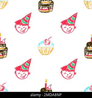 Festliches, nahtloses Muster. Kinderzeichnungen mit Wachsstiften. Geburtstag, Feiertag. Druck für Stoffdesign, Textil, Stoff, Tapete, Verpackung Stock Vektor