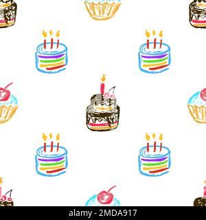 Festliches, nahtloses Muster. Kinderzeichnungen mit Wachsstiften. Geburtstag, Feiertag. Druck für Textildesign, Textil, Stoff, Tapete, Geschenkpapier Stock Vektor