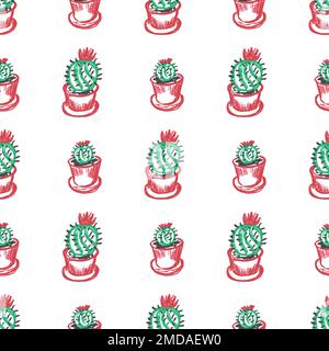 Nahtloses Kaktusmuster. Süße Kakteen. Kinderzeichnungen mit Wachsstiften. Drucken Stock Vektor