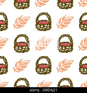 Nahtloses Herbstmuster. Kinderzeichnungen mit Wachsstiften. Korb mit Beeren, Pilzen. Druck für Stoffdesign, Textil, Stoff, Tapete Stock Vektor