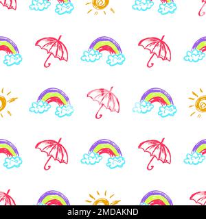 Regenschirme mit nahtlosem Muster. Kinderzeichnungen mit Wachsstiften. Regenbogen. Druck für Textildesign, Textil, Stoff, Tapete, Geschenkpapier Stock Vektor