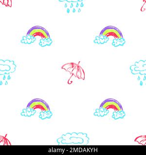 Regenschirme mit nahtlosem Muster. Kinderzeichnungen mit Wachsstiften. Wolken, Regen. Druck für Stoffdesign, Textil Stock Vektor