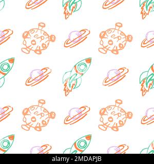 Nahtloses Muster im Raum. Kinderzeichnungen mit Wachsstiften. Raketen, intergalaktische Flüge. Druck für Stoffdesign, Textil Stock Vektor