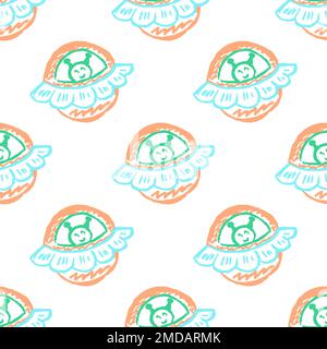Nahtloses Muster im Raum. Raketen, ufo. Kinderzeichnungen mit Wachsstiften. Druck für Textildesign, Geschenkpapier Stock Vektor