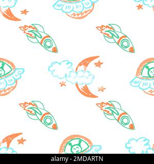 Nahtloses Muster im Raum. Raketen, ufo. Kinderzeichnungen mit Wachsstiften. Druck für Stoffdesign, Textil, Stoff, Geschenkpapier Stock Vektor