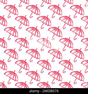 Regnerisches Nahtmuster. Kinderzeichnungen mit Wachsstiften. Regenschirme. Druck für Stoffdesign, Textil, Stoff, Tapete, Verpackung Stock Vektor