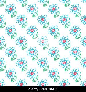 Nahtloses Blumenmuster. Kinderzeichnungen mit Wachsstiften. Schöne Gänseblümchen. Druck für Stoffdesign, Textil, Stoff Stock Vektor