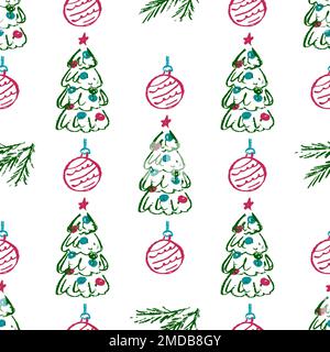 Nahtloses Weihnachtsmuster. Neujahrsstimmung. Kinderzeichnungen mit Wachsstiften. Drucken für Textildesign Stock Vektor