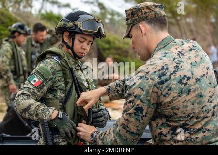 220715-N-XG173-1145 BALLOWS AIR FORCE STATION, HAWAII (15. JULI 2022) USA Marine Corps und mexikanische Naval Infantry Marines bereiten sich auf das Training mit kleinen Booten mit einem Kampfgummi-Razzien während Rim of the Pacific (RIMPAC) 2022 vor. Von Juni 29 bis August 4 nehmen an der RIMPAC 25.000 Nationen, 38 Schiffe, vier U-Boote, mehr als 170 Flugzeuge und Mitarbeiter auf und um die hawaiianischen Inseln und Südkalifornien Teil. RIMPAC ist die weltweit größte internationale Seefahrt-Übung und bietet eine einzigartige Ausbildungsmöglichkeit bei gleichzeitiger Förderung und Aufrechterhaltung kooperativer Beziehungen am Stockfoto