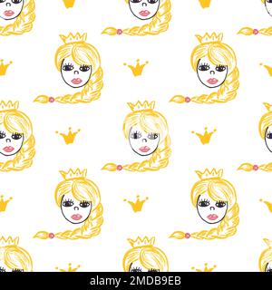 Märchenhaftes, nahtloses Muster. Prinzessin. Kinderzeichnungen mit Wachsstiften. Druck für Textildesign, Textil, Stoff, Tapete, Geschenkpapier Stock Vektor