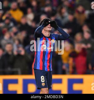 Barcelona, Spanien. 22. Januar 2023. Pedri von Barcelona feiert sein Tor bei einem spanischen Fußballspiel in La Liga zwischen Barcelona und dem Getafe CF am 22. Januar 2023 in Barcelona, Spanien. Kredit: Joan Gosa/Xinhua/Alamy Live News Stockfoto