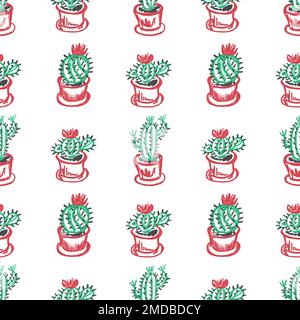 Nahtloses Kaktusmuster. Süße Kakteen in Töpfen. Kinderzeichnungen mit Wachsstiften. Drucken Stock Vektor