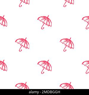Regnerisches Nahtmuster. Kinderzeichnungen mit Wachsstiften. Regenschirme. Druck für Stoffdesign, Textil, Stoff, Tapete Stock Vektor