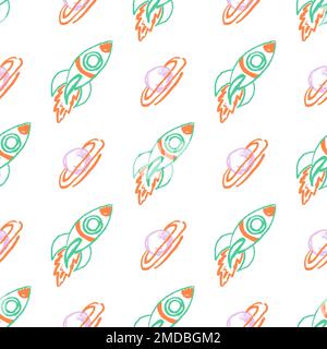 Nahtloses Muster im Raum. Kinderzeichnungen mit Wachsstiften. Raketen, intergalaktische Flüge. Druck für Stoffdesign, Textil, Stoff, Tapete, Wrap Stock Vektor