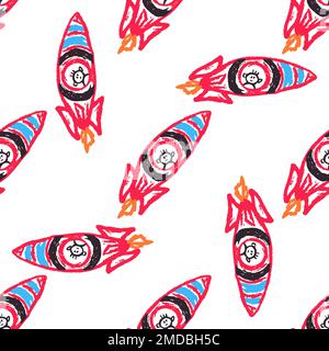 Nahtloses Muster im Raum. Raketen. Kinderzeichnungen mit Wachsstiften. Druck für Stoffdesign, Textil, Stoff, Geschenkpapier Stock Vektor