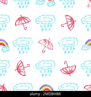 Regenschirme mit nahtlosem Muster. Kinderzeichnungen mit Wachsstiften. Wolken, Regen. Drucken für Textildesign Stock Vektor