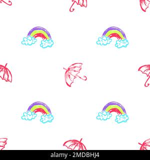 Regenschirme mit nahtlosem Muster. Kinderzeichnungen mit Wachsstiften. Regenbogen. Druck für Stoffdesign, Textil, Stoff, Tapete Stock Vektor