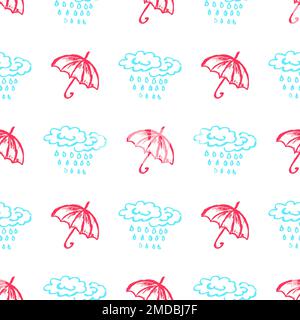 Regenschirme mit nahtlosem Muster. Kinderzeichnungen mit Wachsstiften. Wolken, Regen. Druck für Stoffdesign, Textil, Stoff Stock Vektor