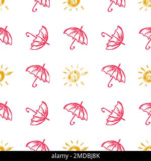 Regenschirme mit nahtlosem Muster. Kinderzeichnungen mit Wachsstiften. So. Druck für Textildesign, Textil, Stoff, Tapete, Geschenkpapier Stock Vektor