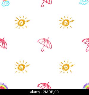Regenschirme mit nahtlosem Muster. Kinderzeichnungen mit Wachsstiften. Regenbogen, Sonne. Druck für Textildesign, Textil, Stoff, Tapete, Geschenkpapier Stock Vektor