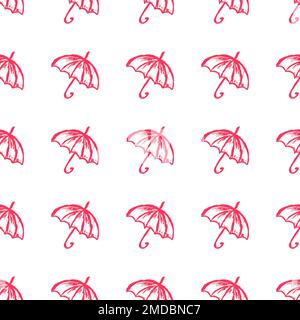 Regnerisches Nahtmuster. Kinderzeichnungen mit Wachsstiften. Regenschirme. Druck für Stoffdesign, Textil, Stoff Stock Vektor