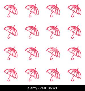 Regnerisches Nahtmuster. Kinderzeichnungen mit Wachsstiften. Regenschirme. Druck für Stoffdesign, Textil Stock Vektor