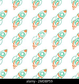 Nahtloses Muster im Raum. Kinderzeichnungen mit Wachsstiften. Raketen, intergalaktische Flüge. Druck für Stoffdesign, Textil, Stoff Stock Vektor