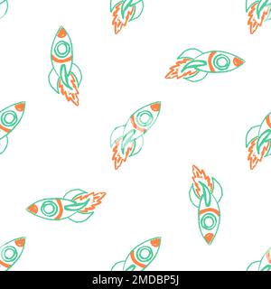 Nahtloses Muster im Raum. Kinderzeichnungen mit Wachsstiften. Raketen, intergalaktische Flüge. Druck für Stoffdesign, Textil, Stoff, Tapete, Wrap Stock Vektor