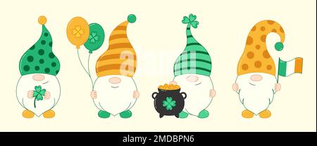 Irische Glückszwerge am Saint Patricks Day mit Klee, Ballon, einem Topf mit Goldmünzen und irischer Flagge. Vektordarstellung Stock Vektor