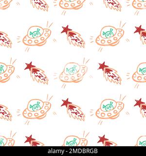 Nahtloses Muster im Raum. Raketen, ufo. Kinderzeichnungen mit Wachsstiften. Druck für Textildesign, Textil, Geschenkpapier Stock Vektor