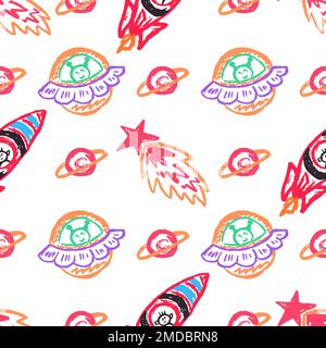 Nahtloses Muster im Raum. Raketen, UFO, Kometen. Kinderzeichnungen mit Wachsstiften. Druck für Textildesign, Textil, Stoff, Tapete, Geschenkpapier Stock Vektor
