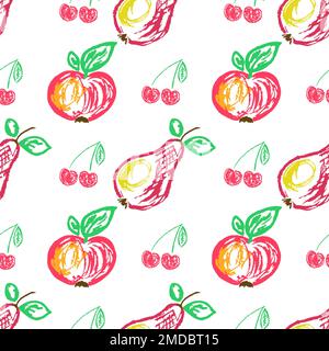 Nahtloses Fruchtmuster. Kinderzeichnungen mit Wachsstiften. Äpfel, Kirschen. Druck für Textildesign, Textil, Stoff, Tapete, Geschenkpapier Stock Vektor
