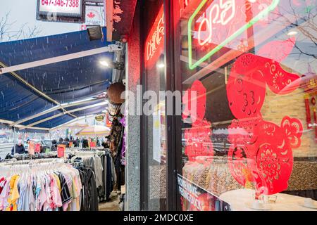 Toronto, Ontario, Kanada. 23. Januar 2023. Am ersten Tag des Jahres des Hasen in Chinatown in TorontoÃ¢â‚¬â„¢, am Sonntag, dem 22. Januar 2023, wird chinesisches Papier mit Kaninchenmuster geschnitten. (Kreditbild: © Winston Tang/ZUMA Press Wire) NUR REDAKTIONELLE VERWENDUNG! Nicht für den kommerziellen GEBRAUCH! Kredit: ZUMA Press, Inc./Alamy Live News Kredit: ZUMA Press, Inc./Alamy Live News Stockfoto