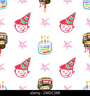 Festliches, nahtloses Muster. Kinderzeichnungen mit Wachsstiften. Geburtstag Stock Vektor