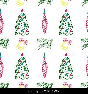 Nahtloses Weihnachtsmuster. Kinderzeichnungen mit Wachsstiften. Neujahrsfeiertage. Für Stoff drucken Stock Vektor