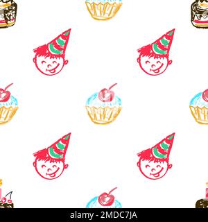 Festliches, nahtloses Muster. Geburtstag, Feiertag. Kinderzeichnungen mit Wachsstiften. Druck für Textildesign, Textil, Stoff, Tapete, Geschenkpapier Stock Vektor