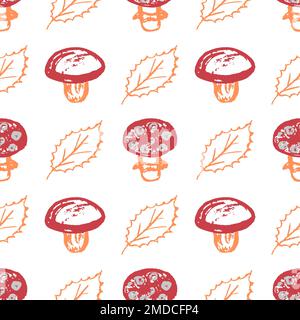 Nahtloses Herbstmuster. Kinderzeichnungen mit Wachsstiften. Pilze, gelbe Blätter. Druck für Stoffdesign, Textil, Stoff, Tapete Stock Vektor
