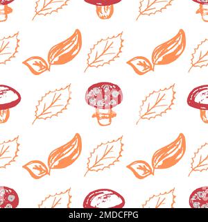 Nahtloses Herbstmuster. Kinderzeichnungen mit Wachsstiften. Pilze, gelbe Blätter. Druck für Stoffdesign, Textil, Stoff, Tapete, Verpackung Stock Vektor