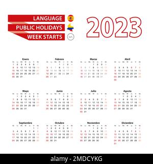 Kalender 2023 in spanischer Sprache mit Feiertagen das Land Kolumbien im Jahr 2023. Woche beginnt mit Sunday Vector Illustration. Stock Vektor