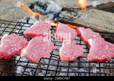 Gegrillte Schweinesteaks, Schweinenacken mit Salz auf dem Grill, einheimisches Essen in ländlichem asien, gegrilltes Fleisch, barbecue, Schweinebraten, Street Food - Draufsicht Stockfoto