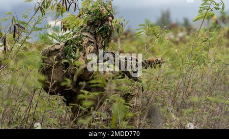 BELLOWS AIR FORCE STATION, Hawaii (16. Juli 2022) ein Soldat der australischen Armee vom 2. Bataillon, das Royal Australian Regiment, patrouilliert während einer simulierten Aufklärungsmission während Rim of the Pacific (RIMPAC) 2022, Juli 16 durch Buschland. Von Juni 29 bis August 4 nehmen an der RIMPAC 25.000 Nationen, 38 Schiffe, vier U-Boote, mehr als 170 Flugzeuge und Mitarbeiter auf und um die hawaiianischen Inseln und Südkalifornien Teil. RIMPAC ist die weltweit größte internationale Seefahrt-Übung und bietet eine einzigartige Ausbildungsmöglichkeit bei gleichzeitiger Förderung und Aufrechterhaltung kooperativer Beziehungen Stockfoto