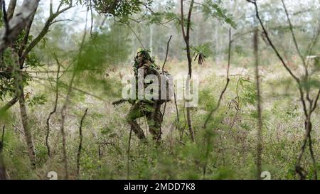 BELLOWS AIR FORCE STATION, Hawaii (16. Juli 2022) ein Soldat der australischen Armee vom 2. Bataillon, das Royal Australian Regiment, patrouilliert während einer simulierten Aufklärungsmission während Rim of the Pacific (RIMPAC) 2022, Juli 16 durch Buschland. Von Juni 29 bis August 4 nehmen an der RIMPAC 25.000 Nationen, 38 Schiffe, vier U-Boote, mehr als 170 Flugzeuge und Mitarbeiter auf und um die hawaiianischen Inseln und Südkalifornien Teil. RIMPAC ist die weltweit größte internationale Seefahrt-Übung und bietet eine einzigartige Ausbildungsmöglichkeit bei gleichzeitiger Förderung und Aufrechterhaltung kooperativer Beziehungen Stockfoto