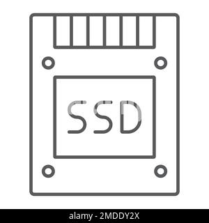 Dünnes SSD-Symbol, Elektronik und Gerät, Solid-State-Festplattenzeichen, Vektorgrafiken, lineares Muster auf weißem Hintergrund, eps 10. Stock Vektor