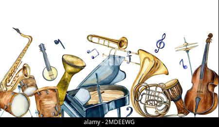 Brett von Jazzmusikalinstrumenten, Aquarell-Illustration, isoliert auf Weiß. Klavier, Kantrabass, Horn, Trommeln, Conga, handgezeichnet. Designelement für invi Stockfoto