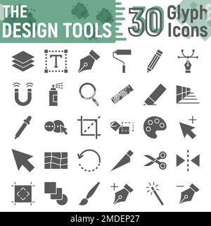 Design Tools Glyphe Symbolsatz, Graphic Design Symbolsammlung, Vektorskizzen, Logo Illustrationen, Soft Signs Solid Piktogramme Paket isoliert auf weißem Hintergrund, eps 10. Stock Vektor