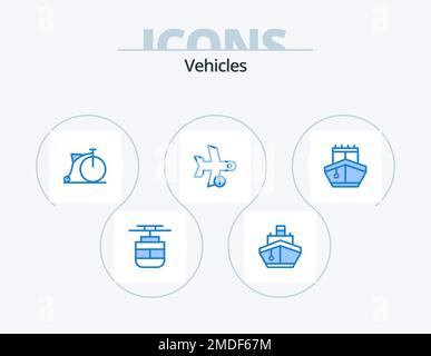 Fahrzeuge Blue Icon Pack 5 Icon Design. Transport. Ebene. Fahrzeuge. Info. Rad Stock Vektor