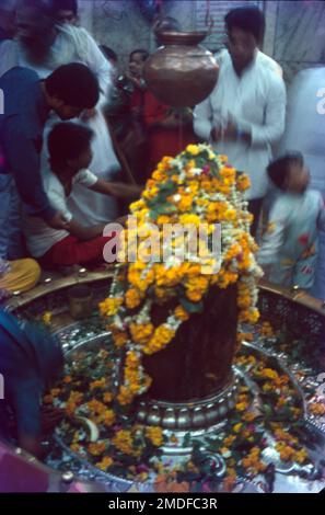 Mahakaleshwar Jyotirlinga ist ein hinduistischer Tempel, der Shiva gewidmet ist und einer der zwölf Jyotirlingas ist, Schreine, die angeblich die heiligsten Agenden von Shiva sind. Es befindet sich in der antiken Stadt Ujjain im Bundesstaat Madhya Pradesh, Indien. Der Tempel befindet sich an der Seite des heiligen Flusses Shipra. Stockfoto