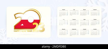 Horizontaler Taschenkalender 2023 in polnischer Sprache. Symbolik Neujahr 2023 mit polnischer Flagge. Vektorkalender. Stock Vektor