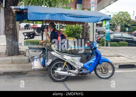 SAMUT PRAKAN, THAILAND, MAI 21 2022, Ein Lebensmittelhändler grillt Lebensmittel in einer mobilen Küche Stockfoto